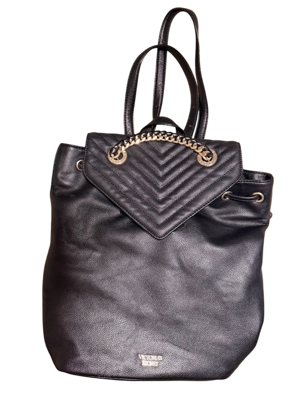 Victoria's Secret Black Quilted Flap Chain-Accent Backpack